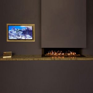 View Bell XXL balanced flue gas fire with offset Tv recess and shadow grey stone plinth and slips, Meadia Wall